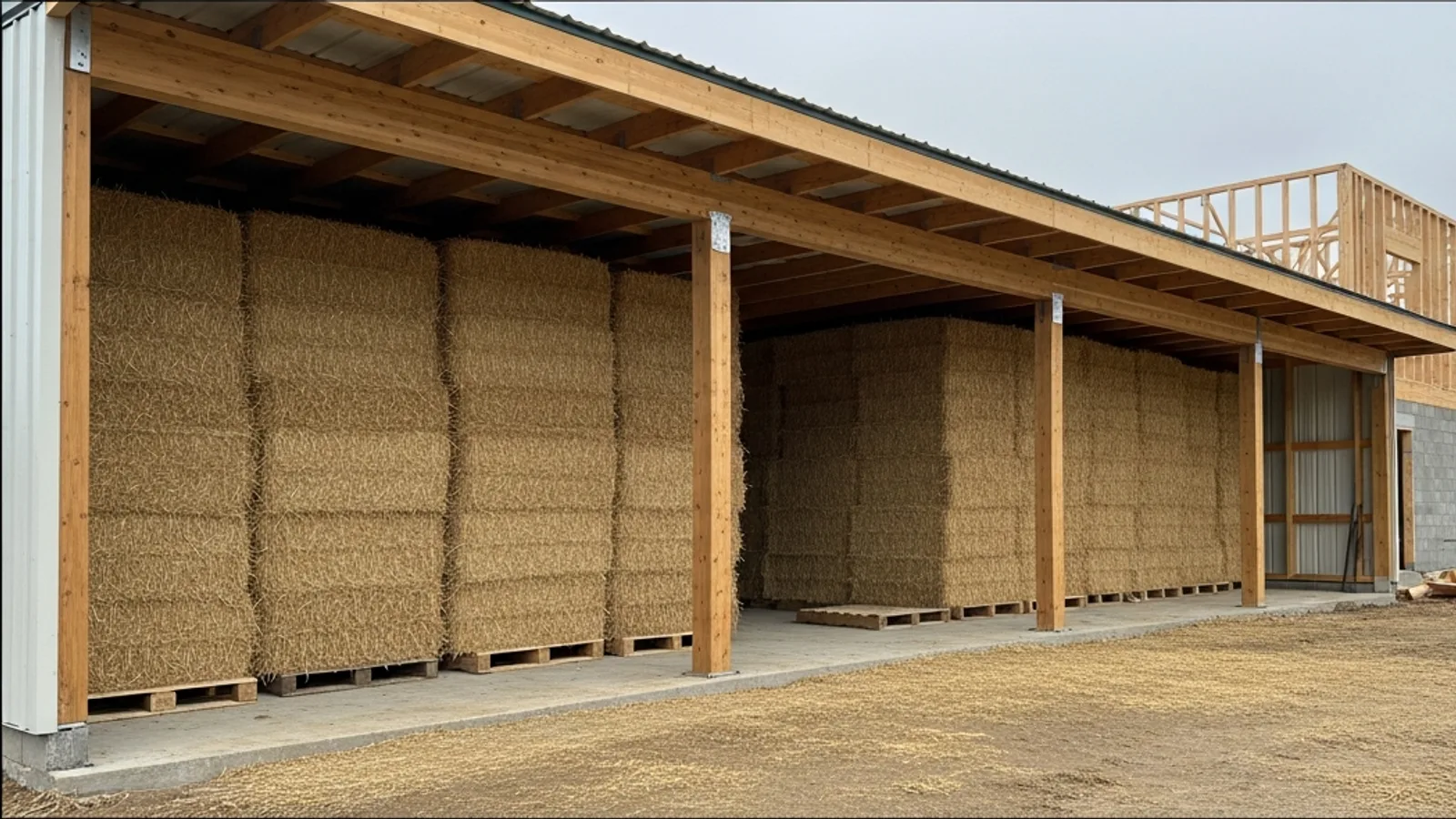 Bottes de paille stockées sur palettes sous un auvent, à côté d'un chantier ossature bois